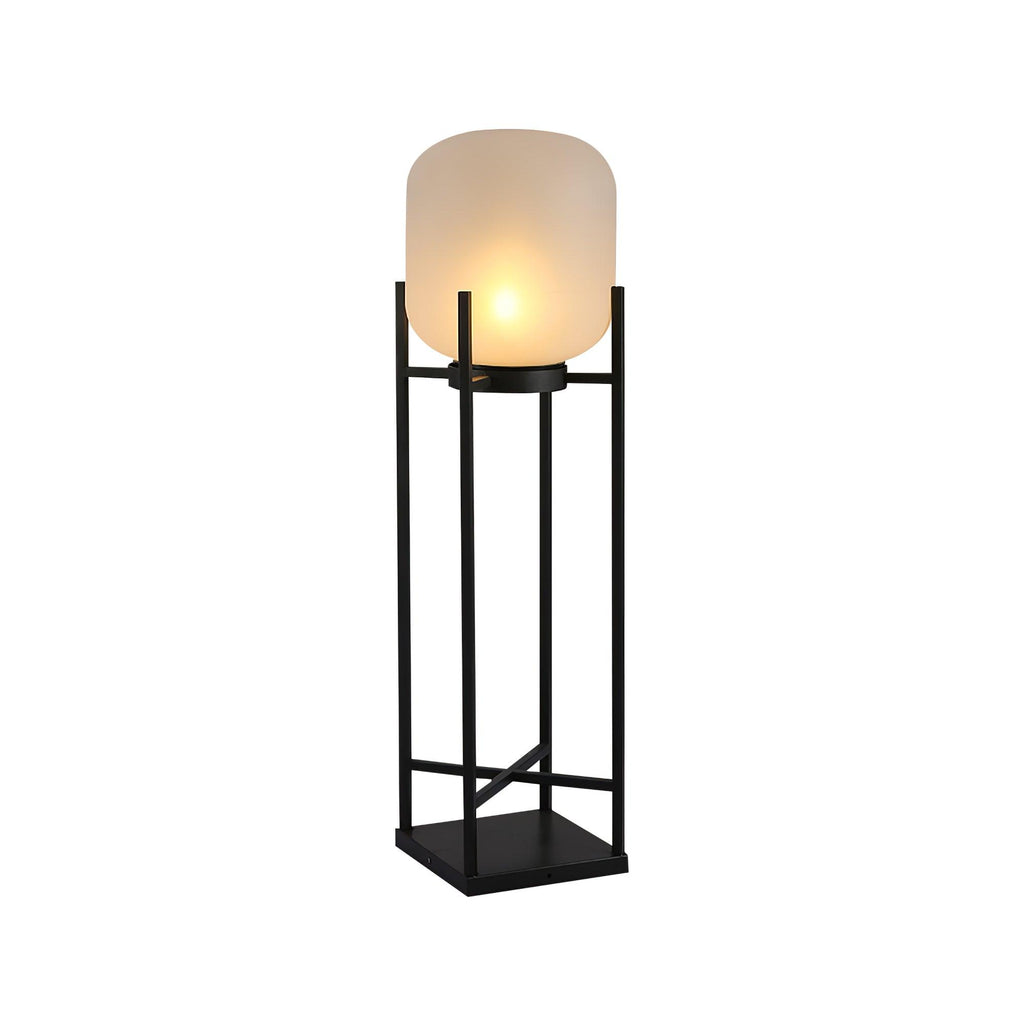 Lampadaire solaire inox et verre style lanterne – jardin — allumé en situation (4)