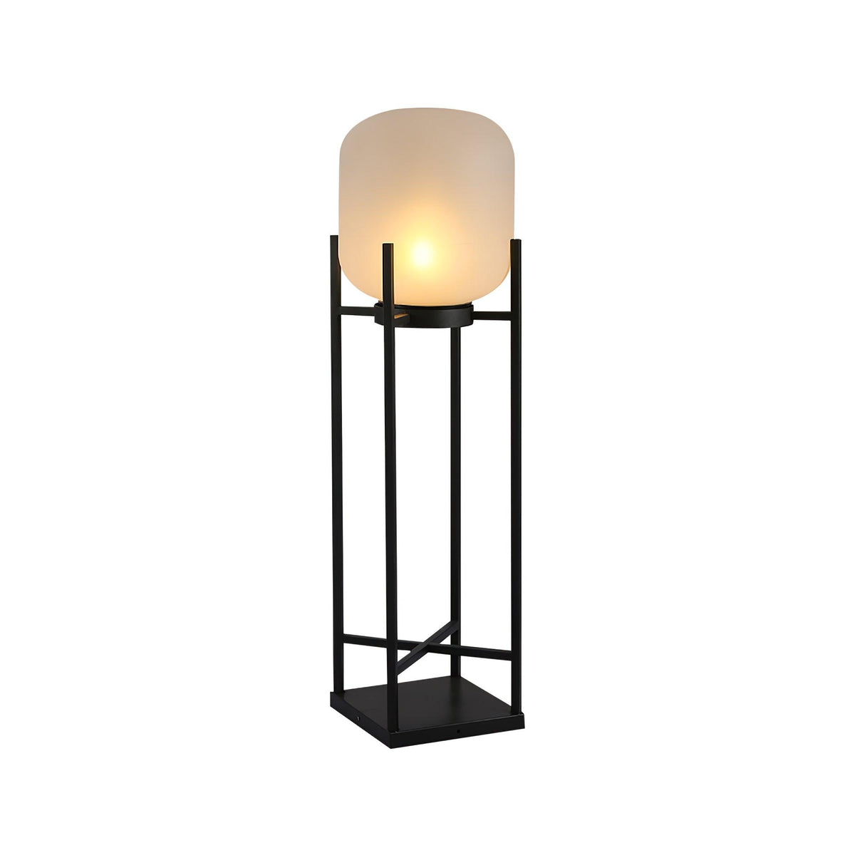 Lampadaire solaire inox et verre style lanterne – jardin — allumé en situation (4)