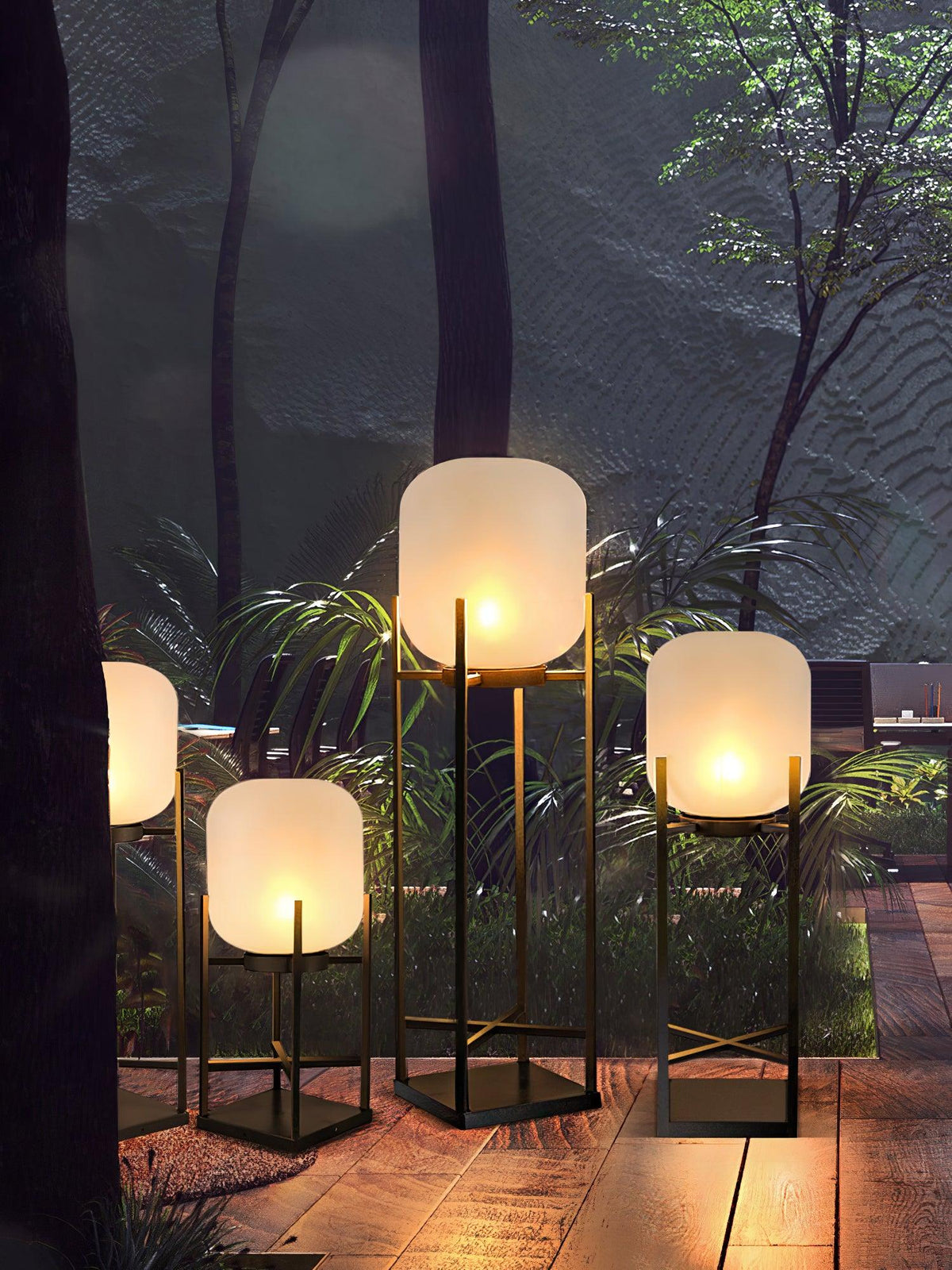 Lampadaire solaire inox et verre style lanterne – jardin — allumé en situation (2)