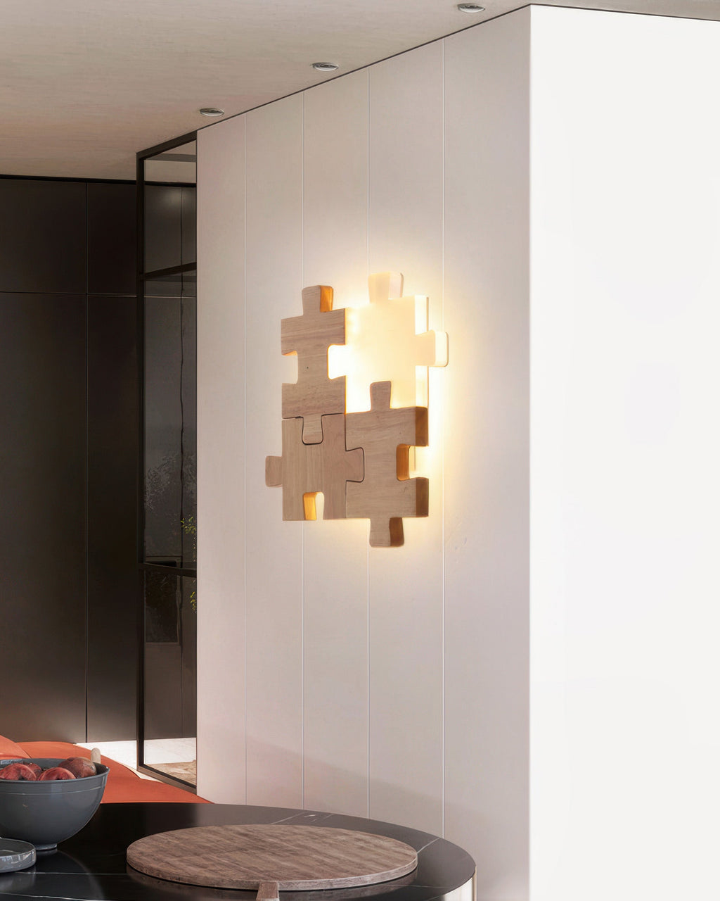 Applique murale en bois de caoutchouc, motif puzzle – PuzzleGlow — allumé en situation