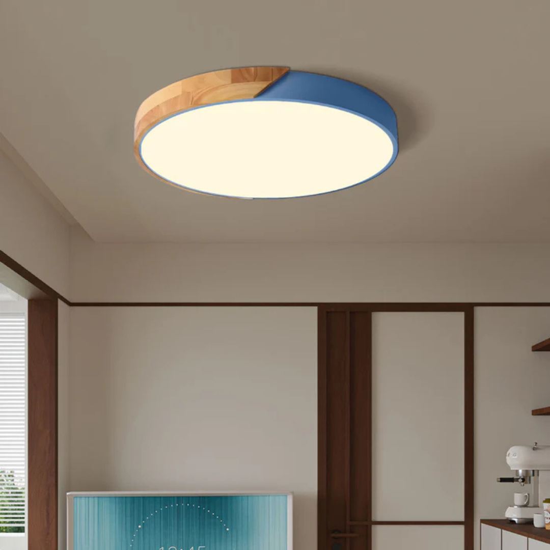 Plafonnier LED nordique blanc froid diamètre 23 ou 30 cm — vue de trois quarts