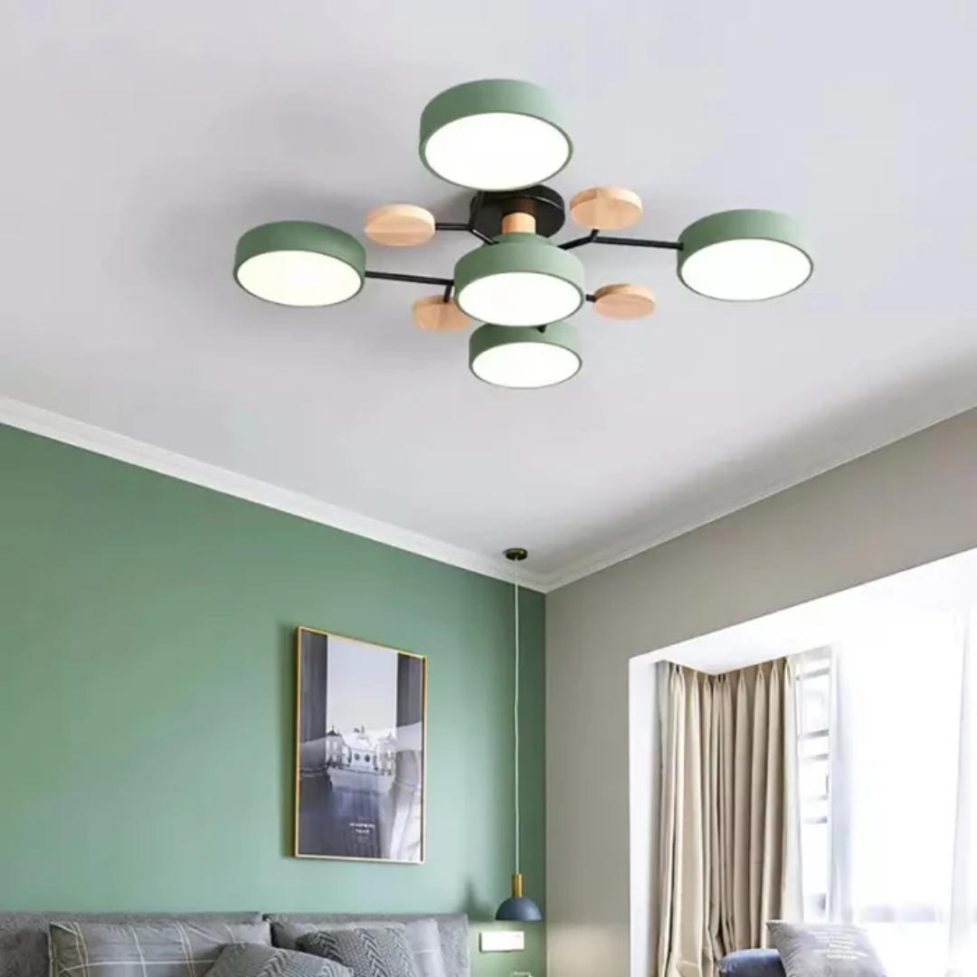 Plafonnier LED rond en fer et bois pour pièce de 15 à 30 m² — vue de profil Image