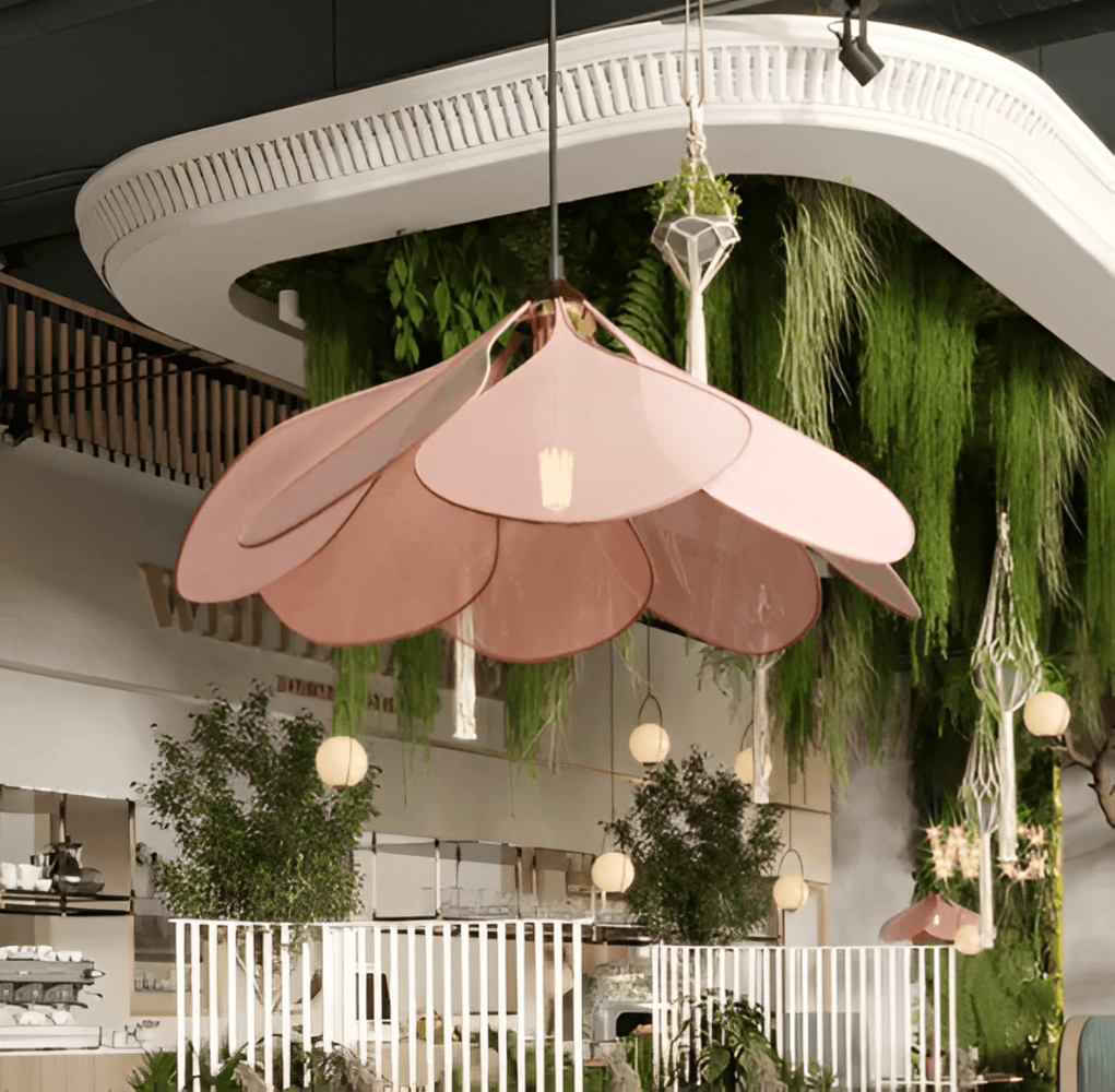 Plafonnier en tissu à motif floral vintage – abat-jour Ø 60 cm — détail du système de fixation