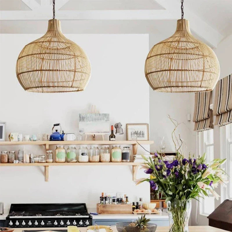 Suspension en bambou tressé ondulé beige ou noir – Lunéa — dimensions et cotes