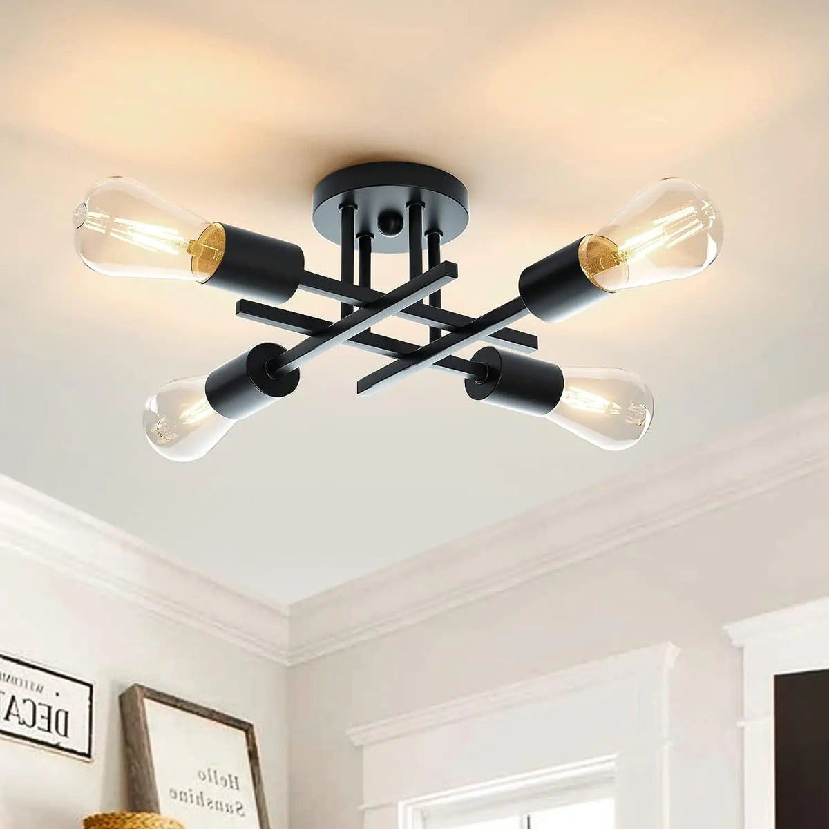 Plafonnier industriel croisé 4 lumières fer forgé – Axiom — vue de face