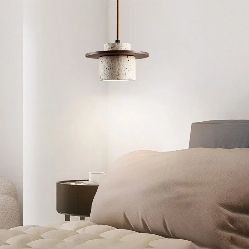 Suspension en travertin et bois naturel 20 cm – Nerava — vue de profil