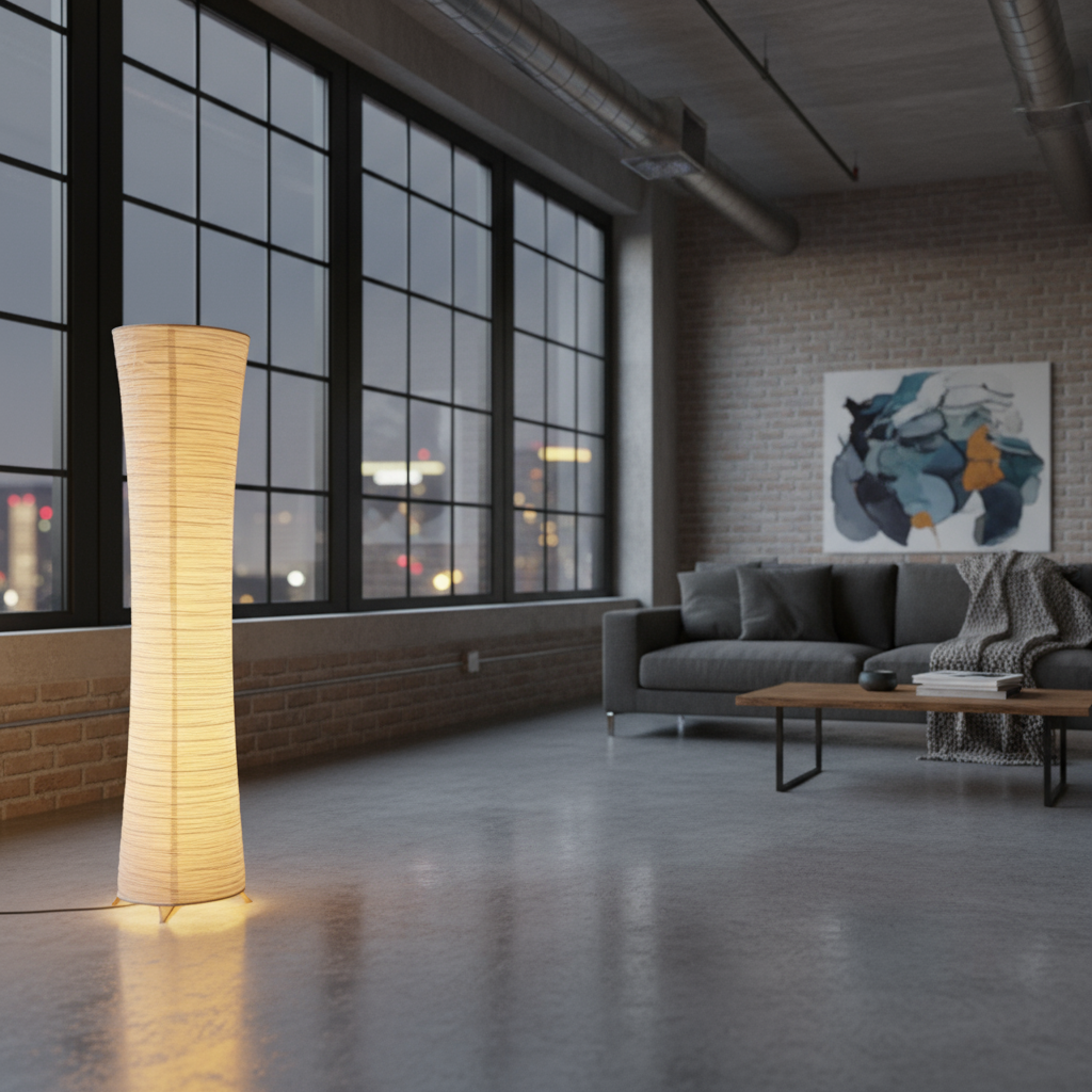 Lampadaire LED papier de riz dimmable 107 cm – Hinora — mise en situation dans la pièce
