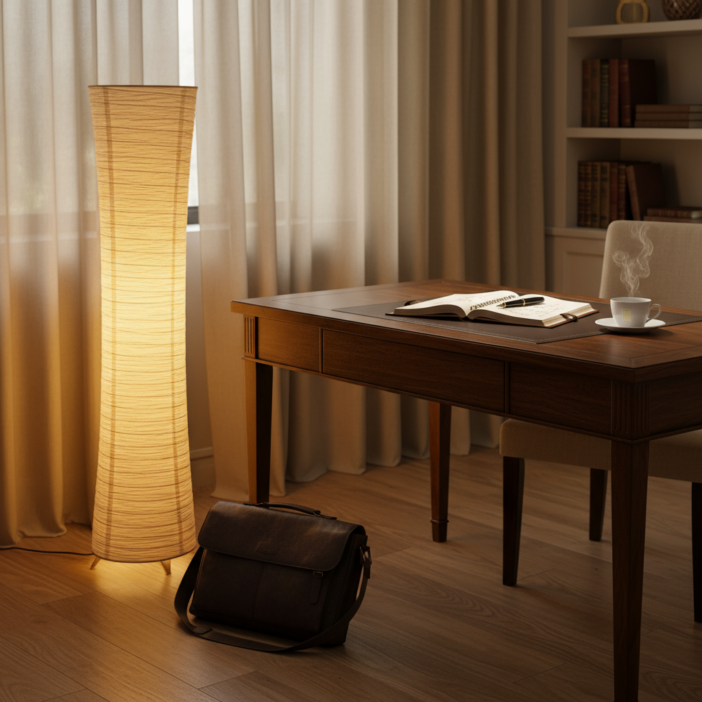 Lampadaire LED papier de riz dimmable 107 cm – Hinora — vue de trois quarts