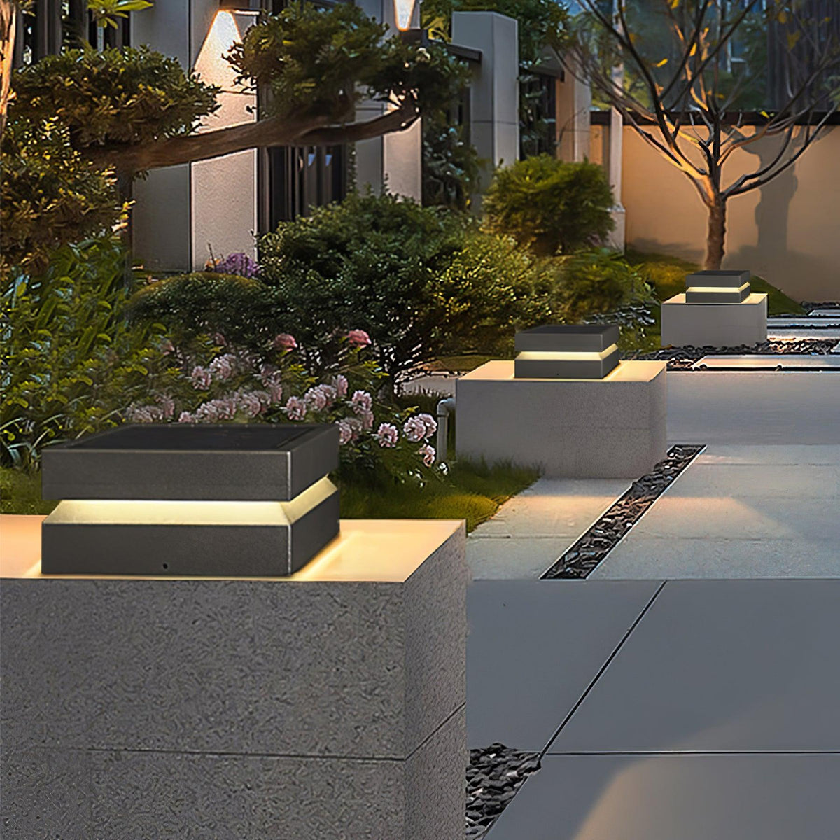 Borne de jardin LED carrée IP65 en acrylique dépoli — mise en situation dans la pièce
