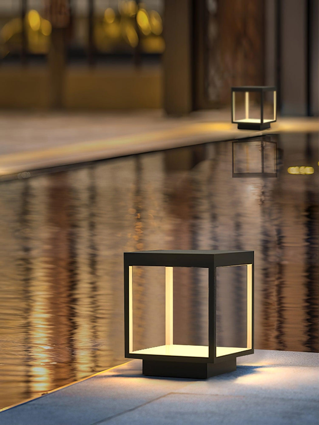 Borne de jardin LED cadre carré – lumière chaude, terrasse — détail du système de fixation