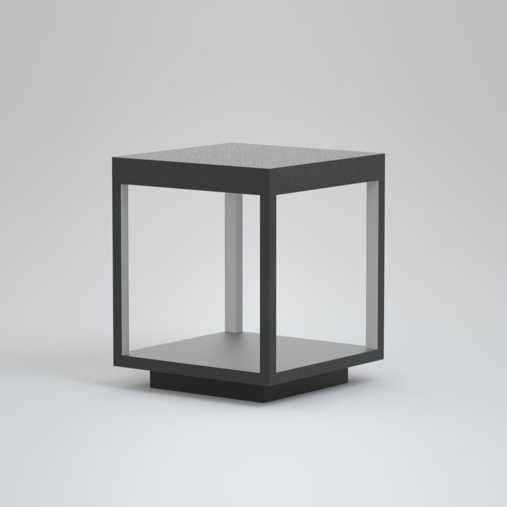 Borne de jardin LED cadre carré – lumière chaude, terrasse — vue de trois quarts (2)
