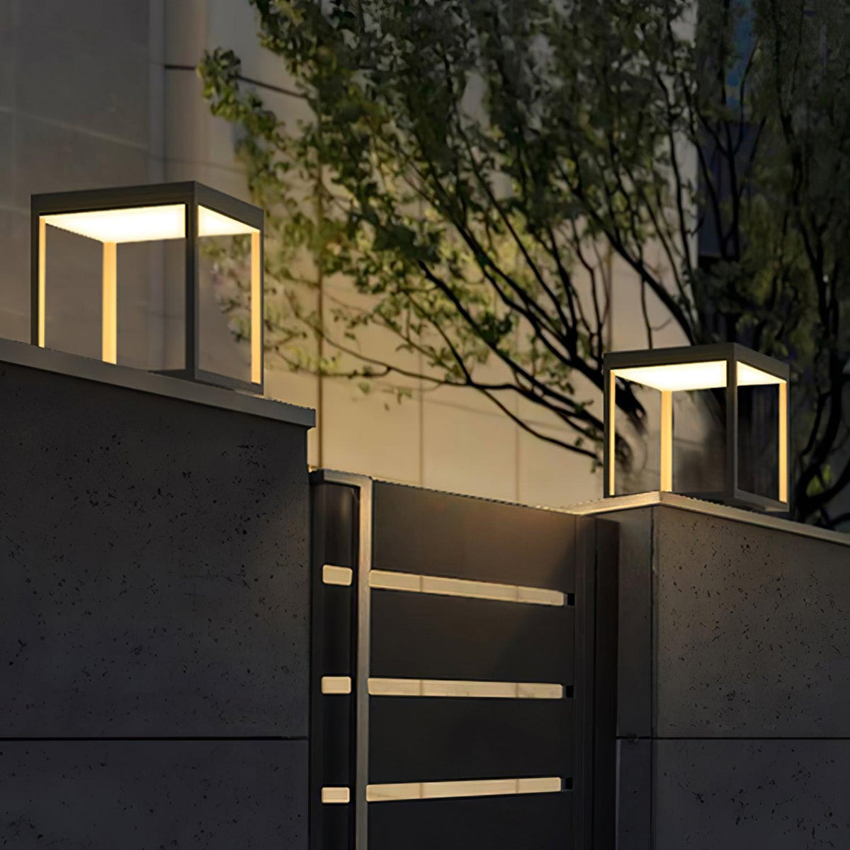 Borne de jardin LED cadre carré – lumière chaude, terrasse — vue de profil