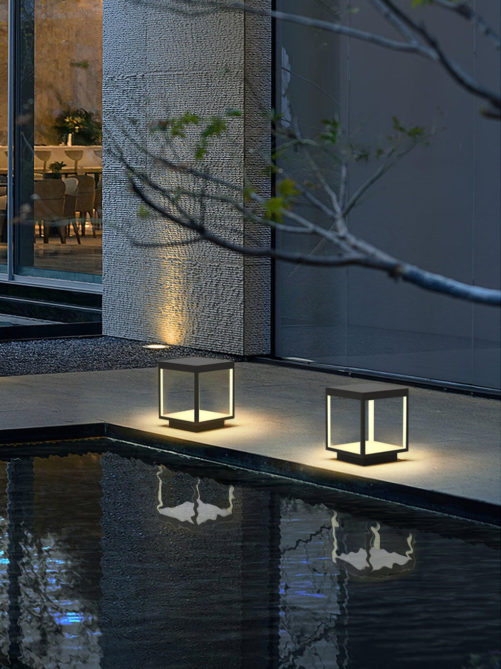 Borne de jardin LED cadre carré – lumière chaude, terrasse — vue de trois quarts