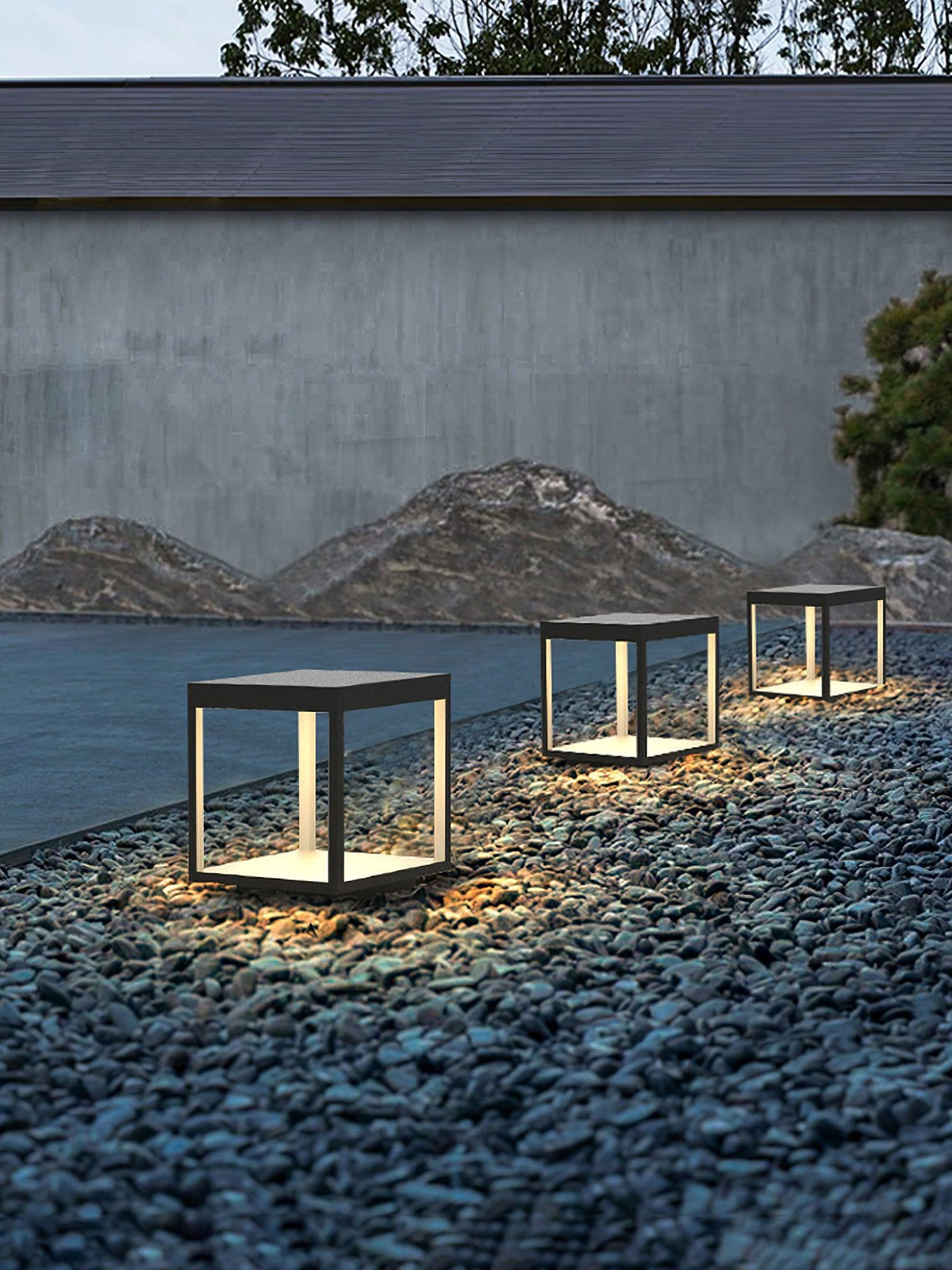 Borne de jardin LED cadre carré – lumière chaude, terrasse — dimensions et cotes