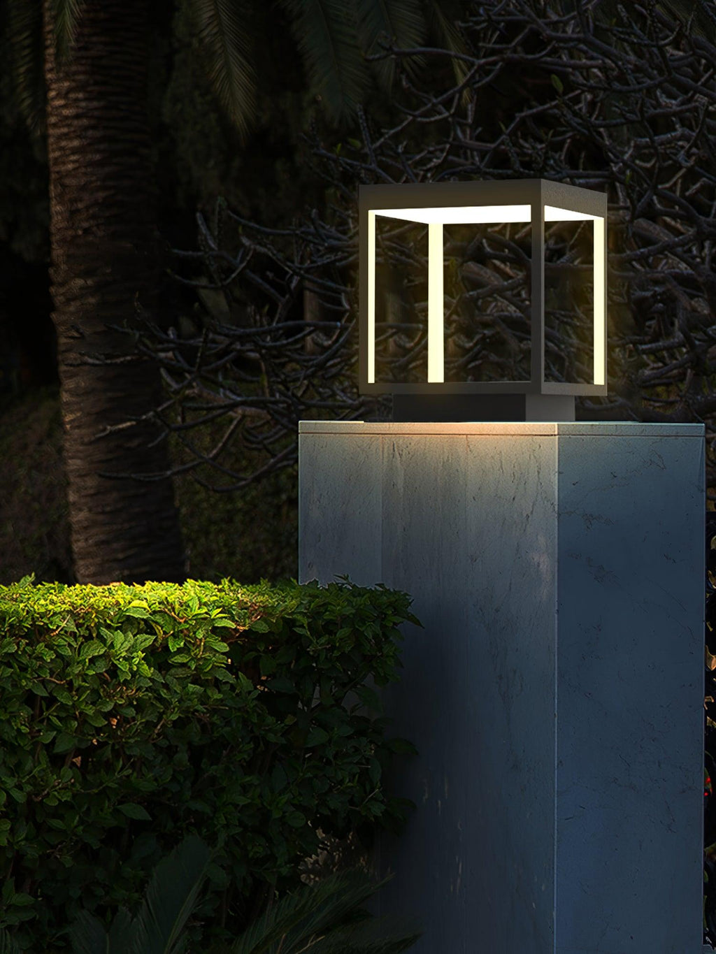 Borne de jardin LED cadre carré – lumière chaude, terrasse — vue de dessous