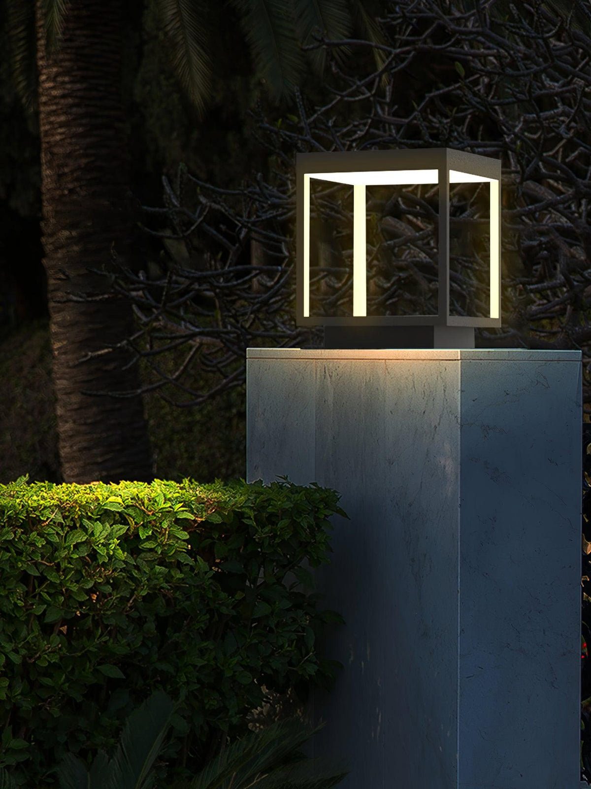 Borne de jardin LED cadre carré – lumière chaude, terrasse — vue de dessous