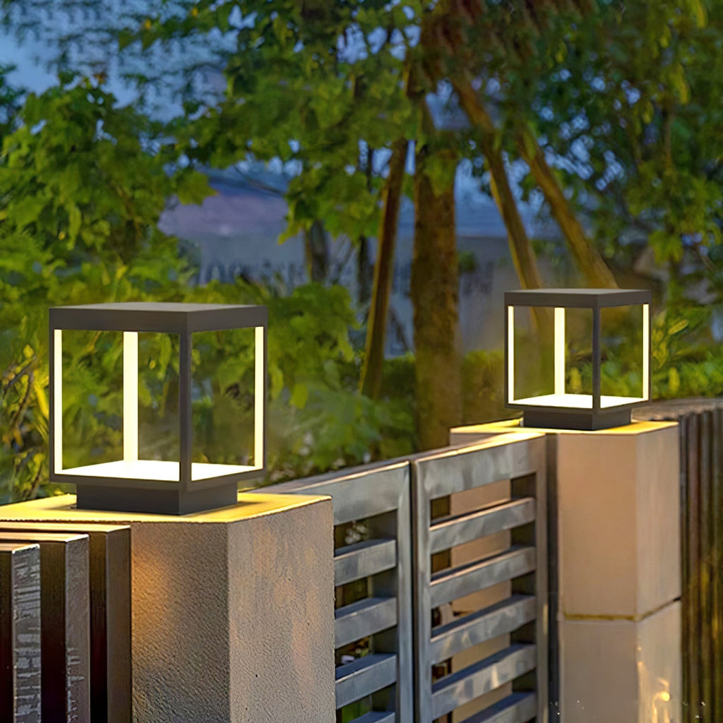 Borne de jardin LED cadre carré – lumière chaude, terrasse — détail du système de fixation (3)
