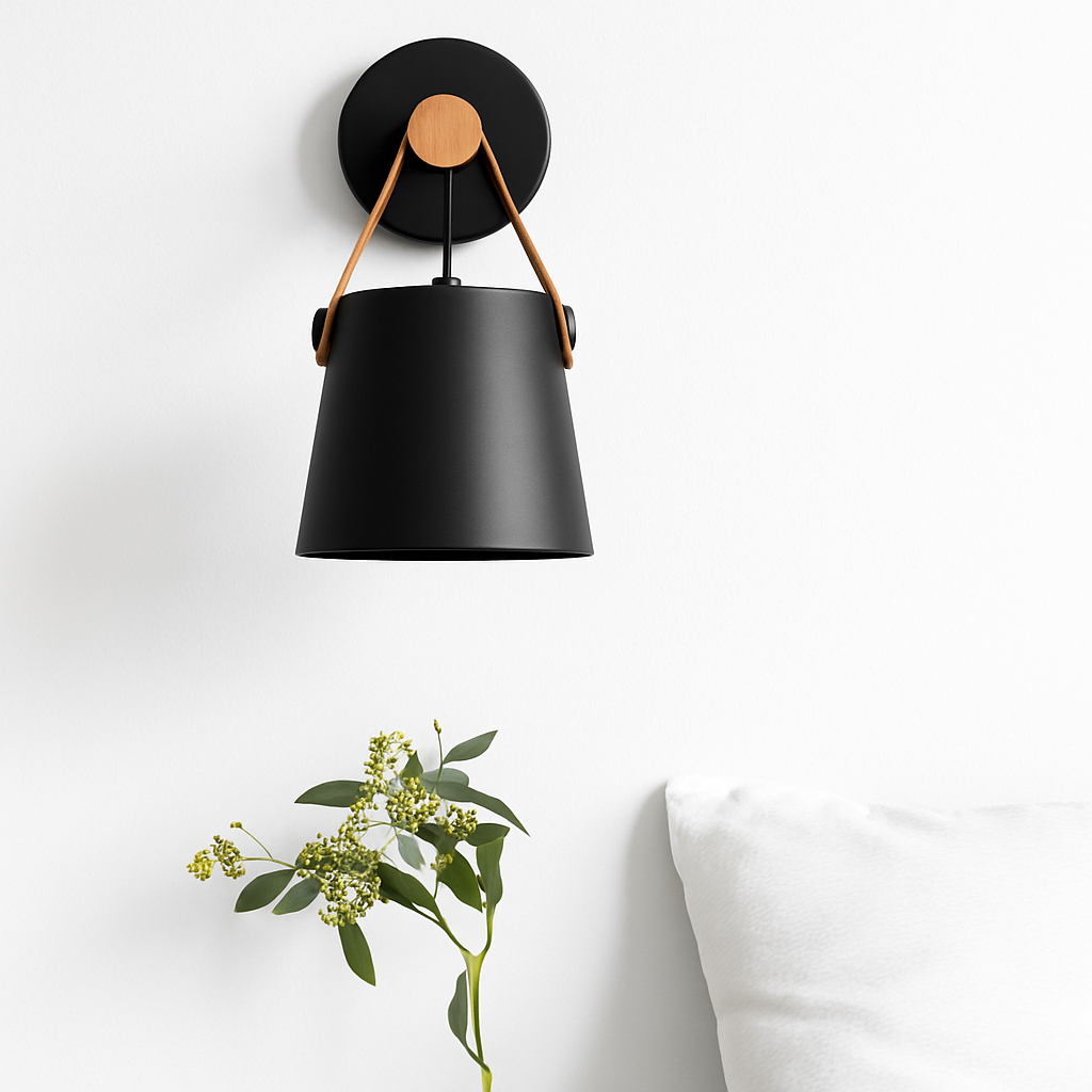 Applique murale en bois abat-jour suspendu E27 – noir ou blanc — vue de face