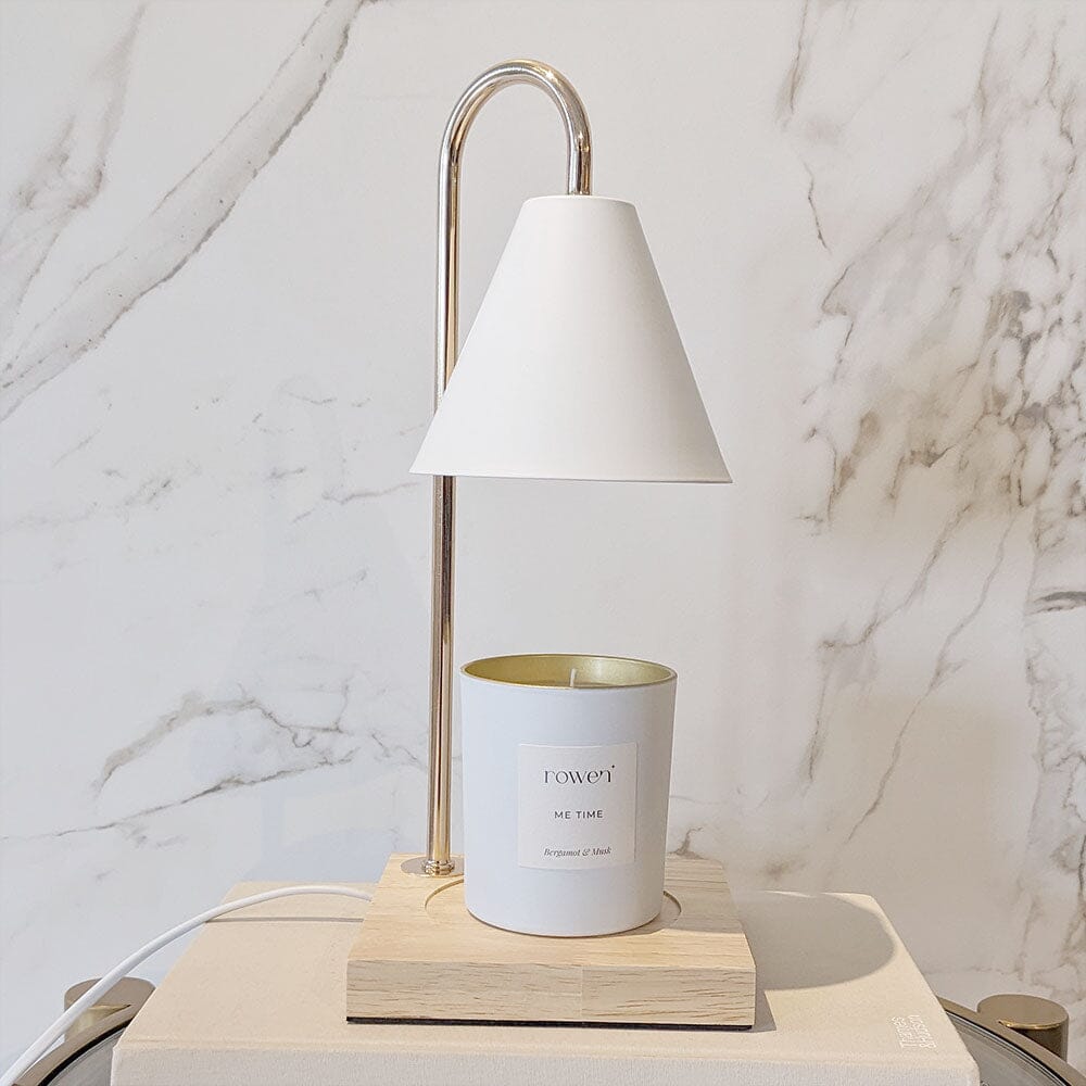 Lampe chauffe-bougie métal et bois H34 cm – GlowHaven — vue de face