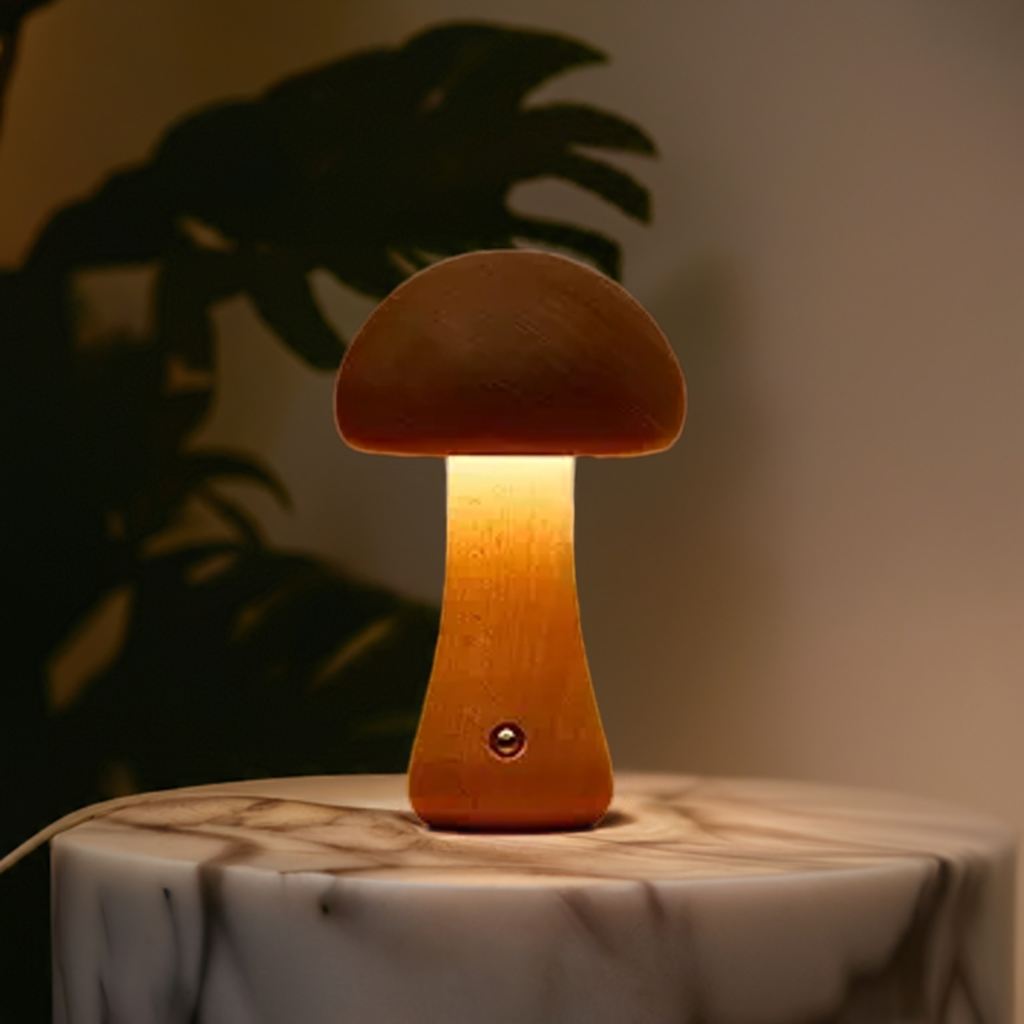 Lampe à poser LED bois de hêtre forme champignon – MushroomGlow — vue de dessous