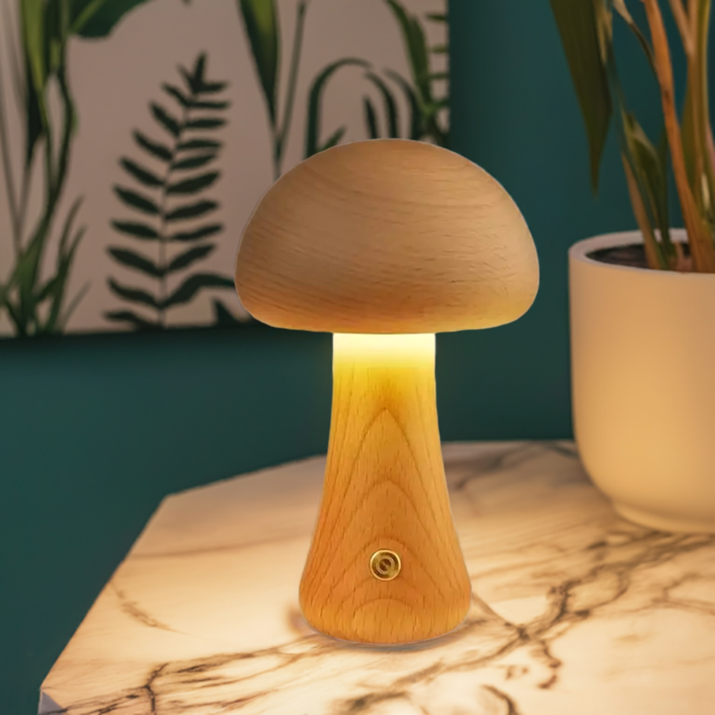 Lampe à poser LED bois de hêtre forme champignon – MushroomGlow — détail de la finition