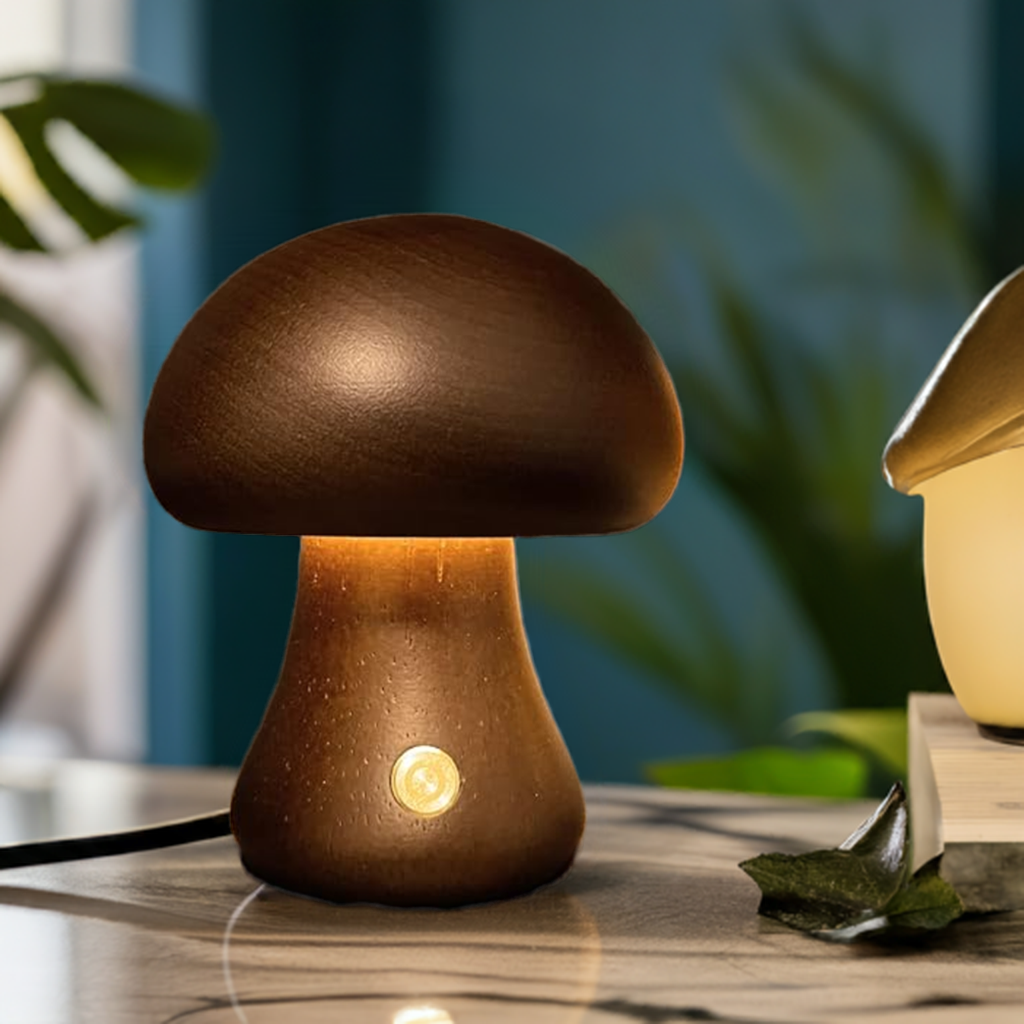Lampe à poser LED bois de hêtre forme champignon – MushroomGlow — vue de profil