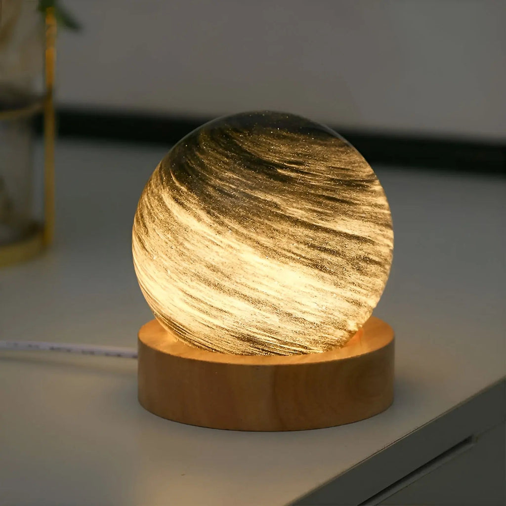 Lampe à poser en verre 3D et bois USB 10 cm – StellarGlow