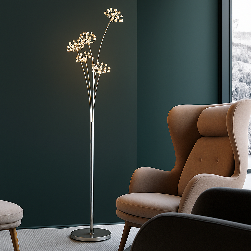 Lampadaire LED en cristal forme fleurs – 3 à 5 bras, 158 à 175 cm — vue de face