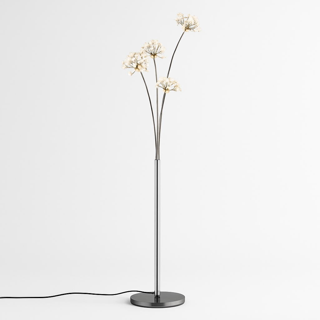 Lampadaire LED en cristal forme fleurs – 3 à 5 bras, 158 à 175 cm — vue de trois quarts