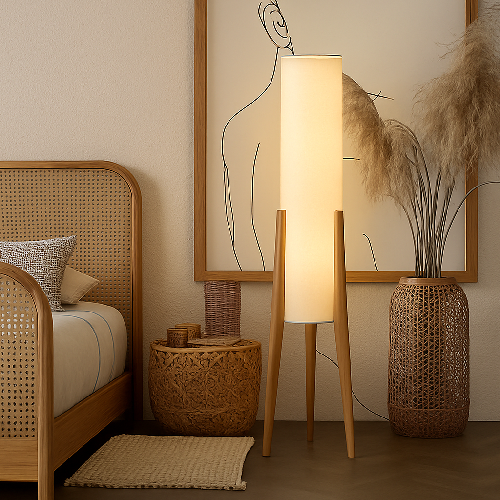 Lampadaire en bois massif abat-jour tissu – style nordique