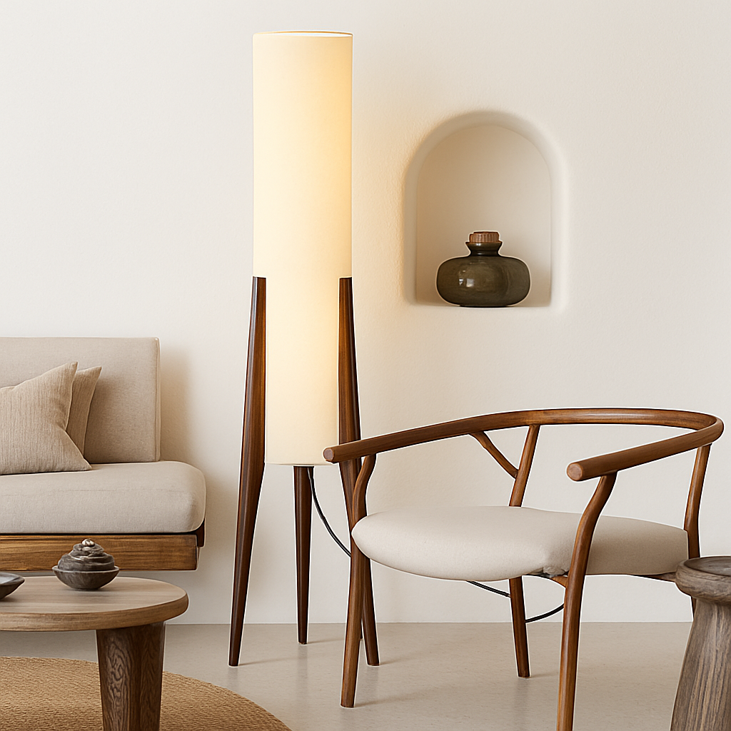 Lampadaire en bois massif abat-jour tissu – style nordique — vue de face