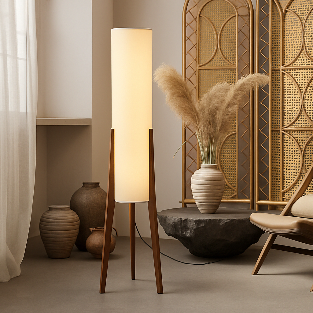Lampadaire en bois massif abat-jour tissu – style nordique — vue de profil