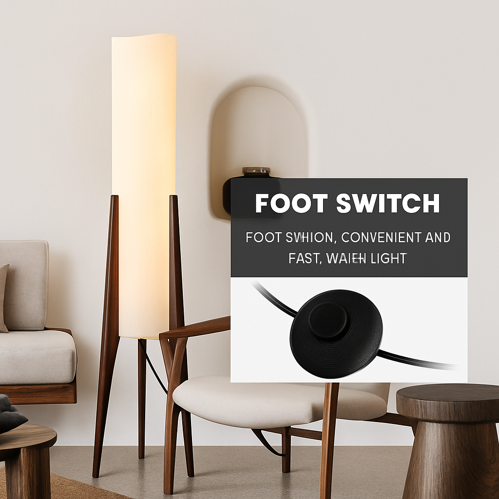 Lampadaire en bois massif abat-jour tissu – style nordique — vue de trois quarts