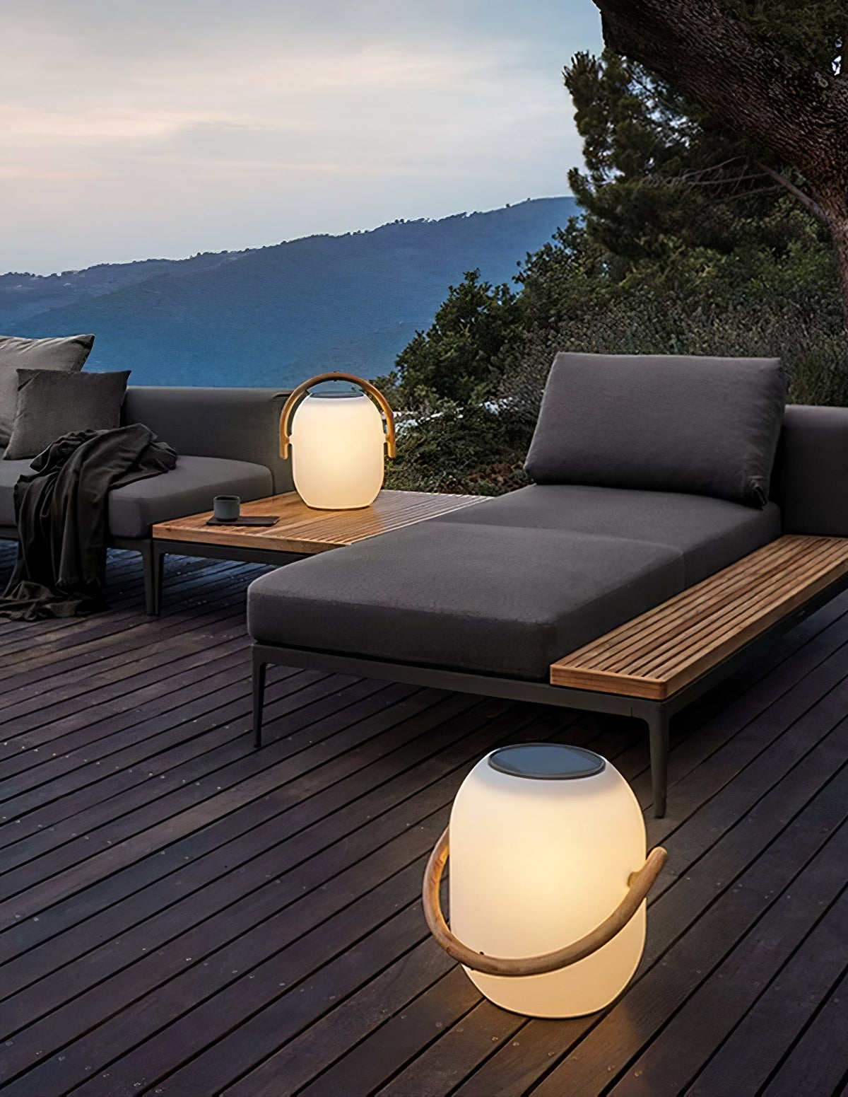 Lanterne solaire de jardin verre dépoli et bois – Noria — dimensions et cotes