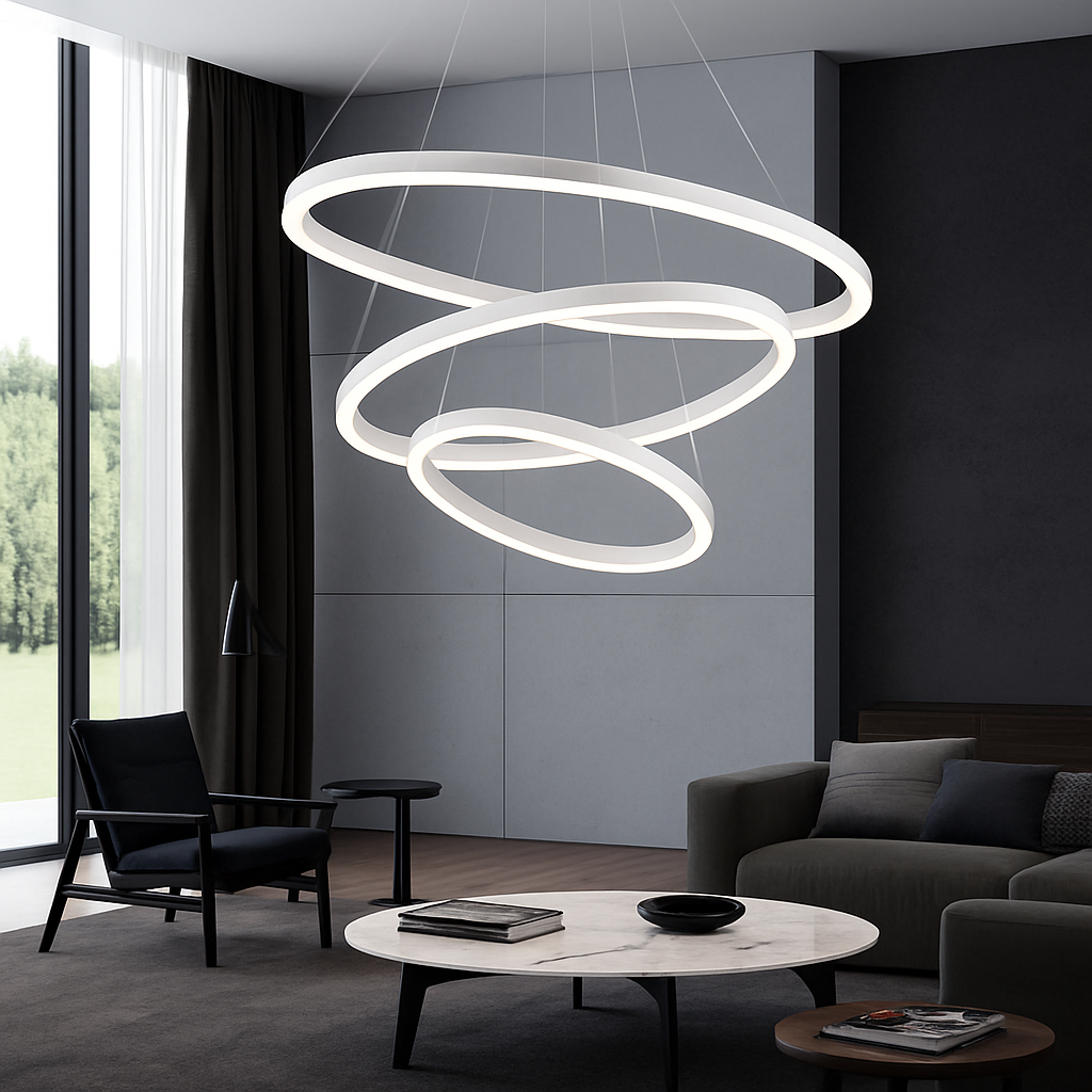 Lustre LED anneaux entrelacés en métal – dimmable, 15 à 30 m² — vue de face