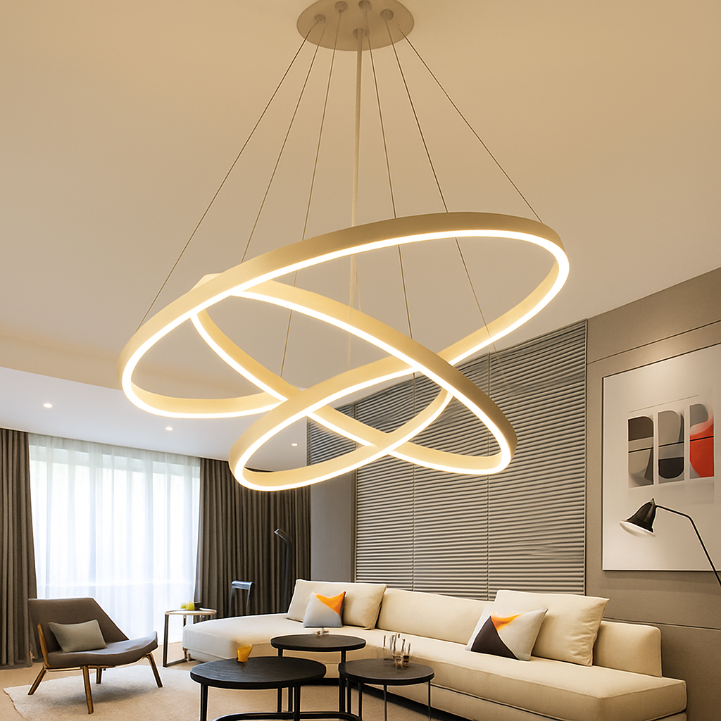 Lustre LED anneaux entrelacés en métal – dimmable, 15 à 30 m² — vue de profil