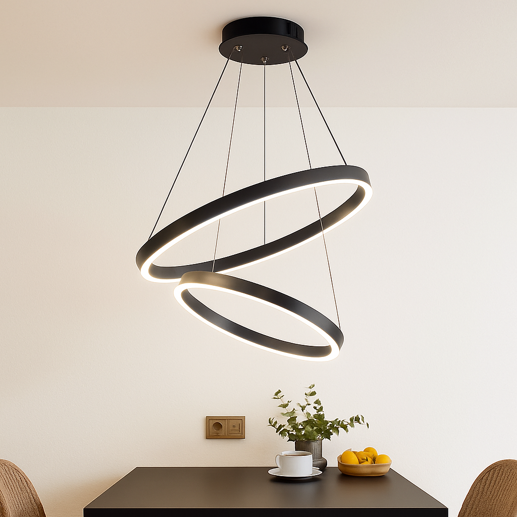 Lustre LED anneaux entrelacés en métal – dimmable, 15 à 30 m² — vue de trois quarts