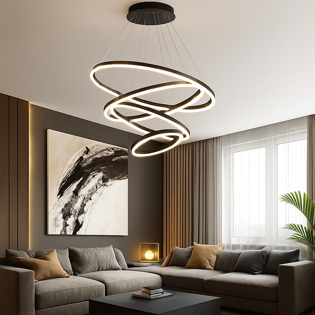 Lustre LED anneaux entrelacés en métal – dimmable, 15 à 30 m² — détail de la finition