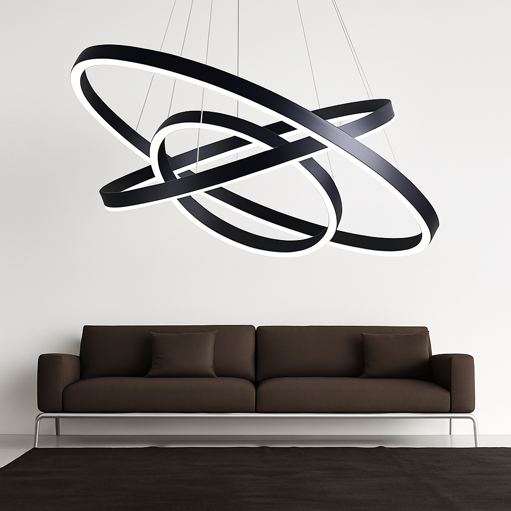 Lustre LED anneaux entrelacés en métal – dimmable, 15 à 30 m² — allumé en situation
