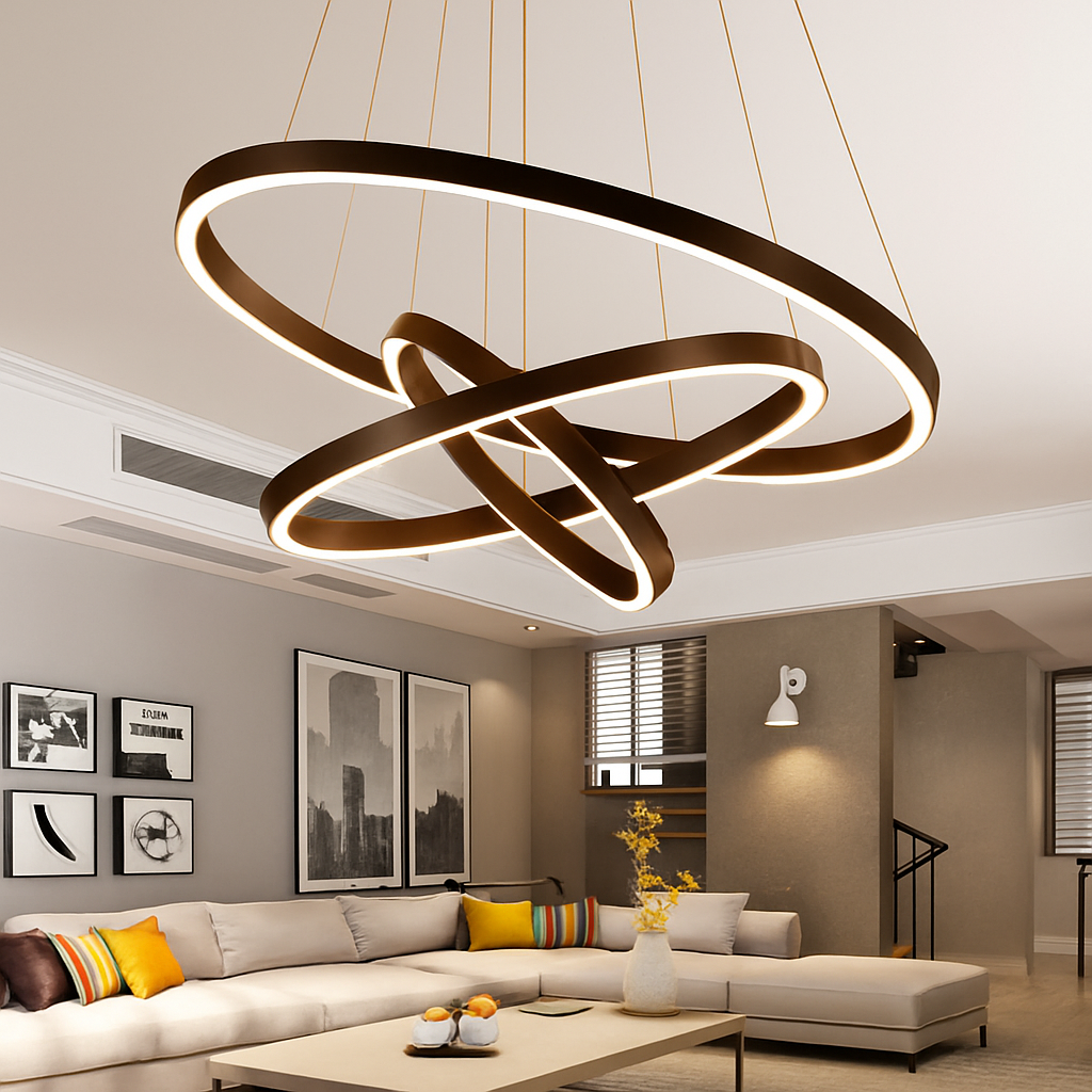 Lustre LED anneaux entrelacés en métal – dimmable, 15 à 30 m² — vue de dessous