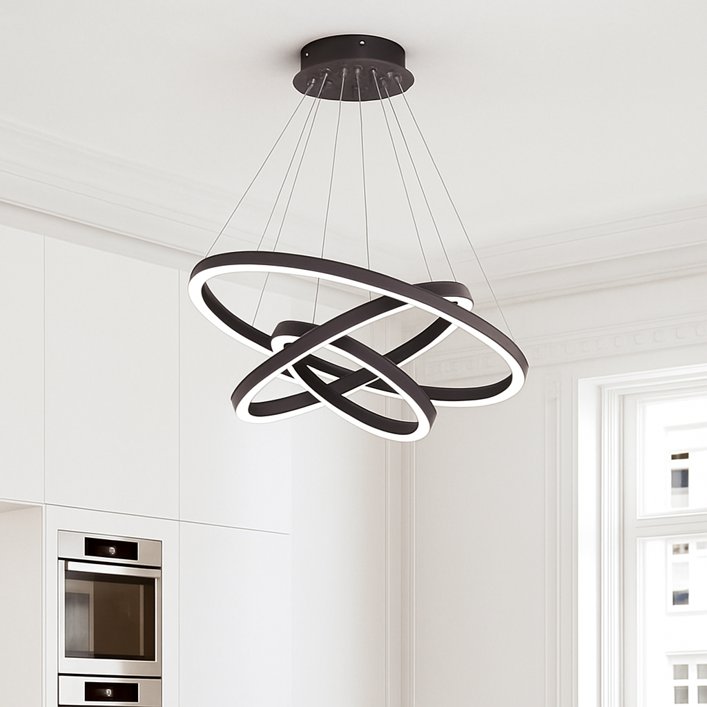 Lustre LED anneaux entrelacés en métal – dimmable, 15 à 30 m² — détail du système de fixation