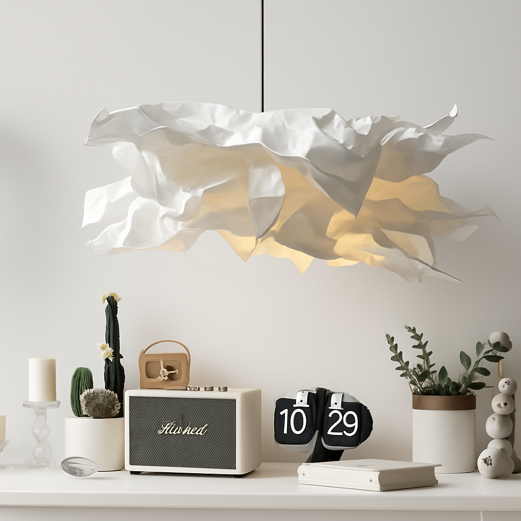 Lustre en papier blanc forme florale – suspension E27 — vue de trois quarts