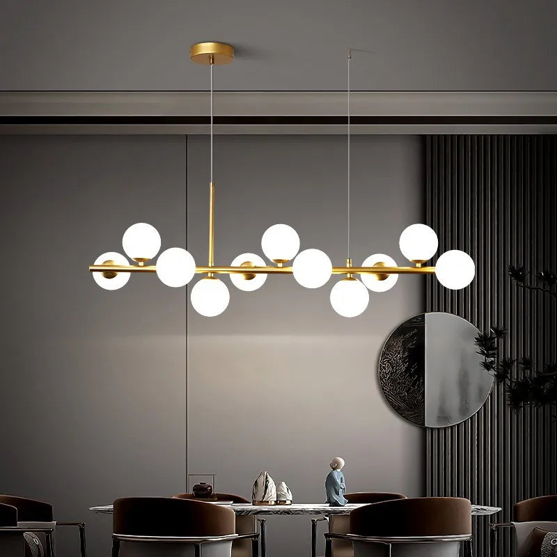 Suspension linéaire dorée à globes en verre opalin – Aurelis — dimensions et cotes