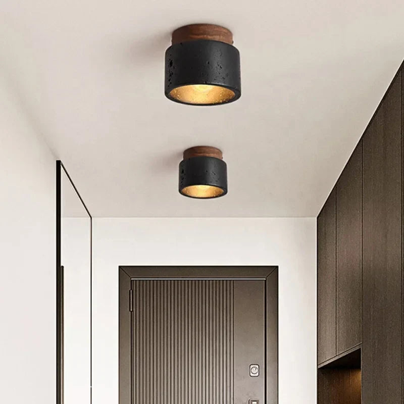 Plafonnier en travertin noir et bois massif – Noctea — dimensions et cotes