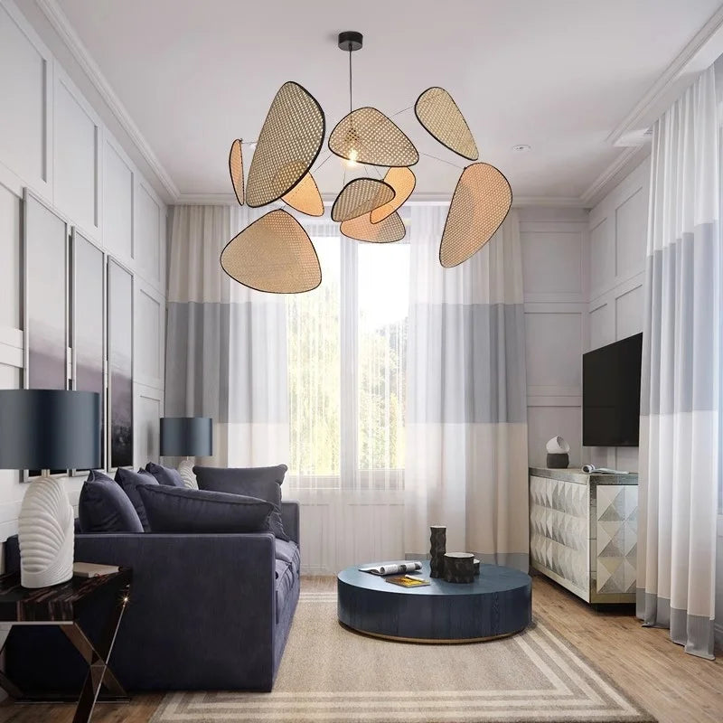 Suspension en rotin sculptée 60 à 120 cm dimmable – Aerelia — allumé en situation