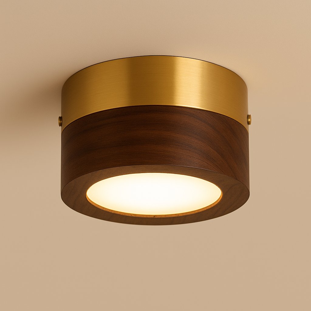 Plafonnier spot LED 5 W en bois noyer ou frêne – Elyon — allumé en situation