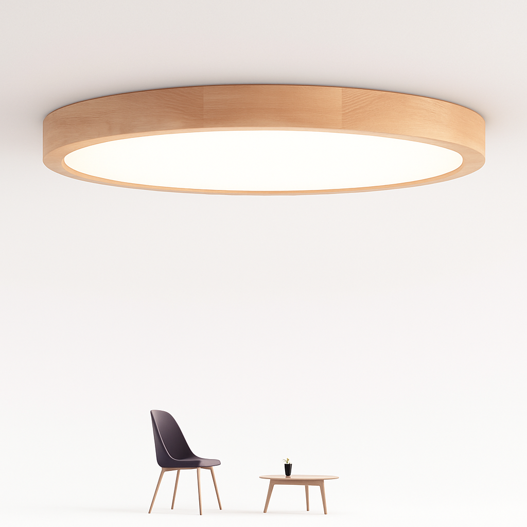 Plafonnier LED rond ultra-plat en bois et acrylique – dimmable — vue de face