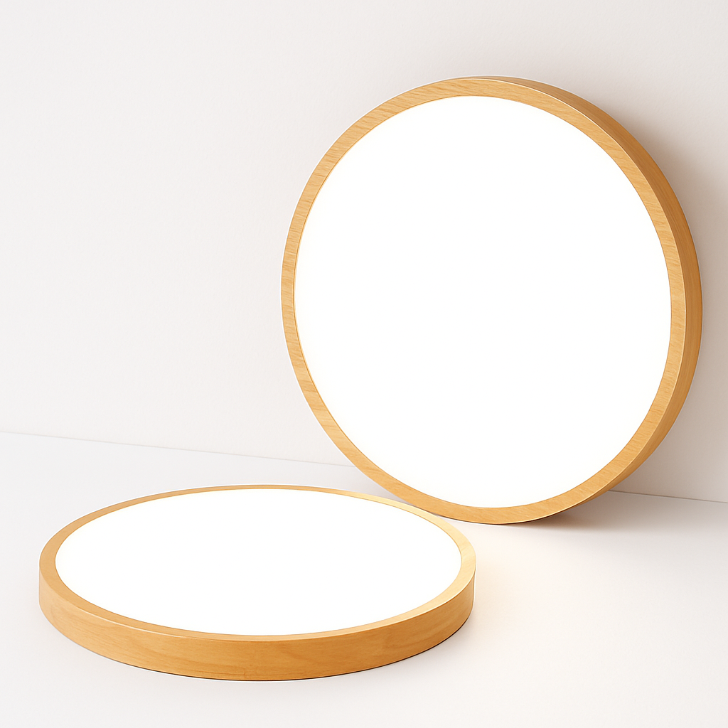 Plafonnier LED rond ultra-plat en bois et acrylique – dimmable — vue de profil