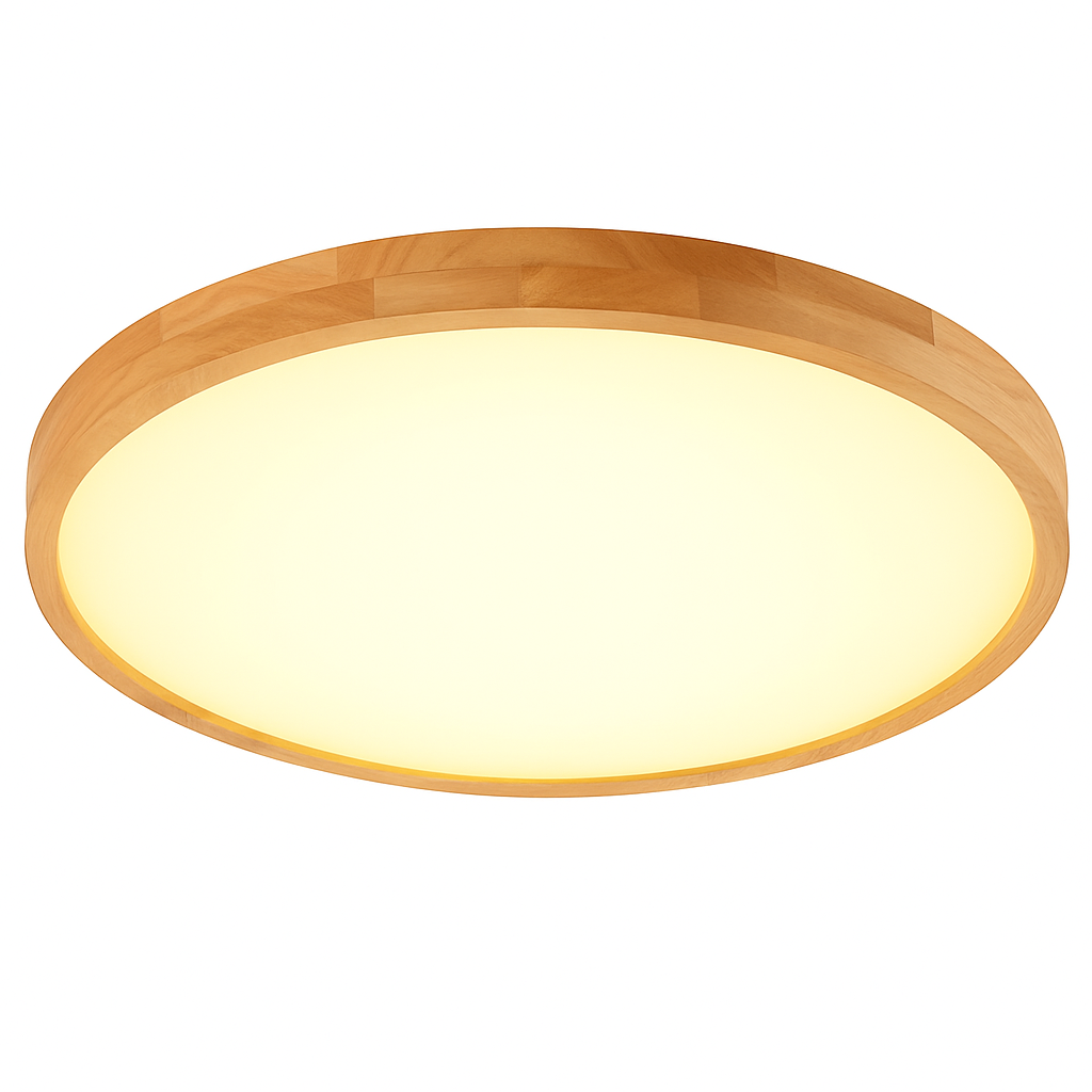 Plafonnier LED rond ultra-plat en bois et acrylique – dimmable — vue de trois quarts