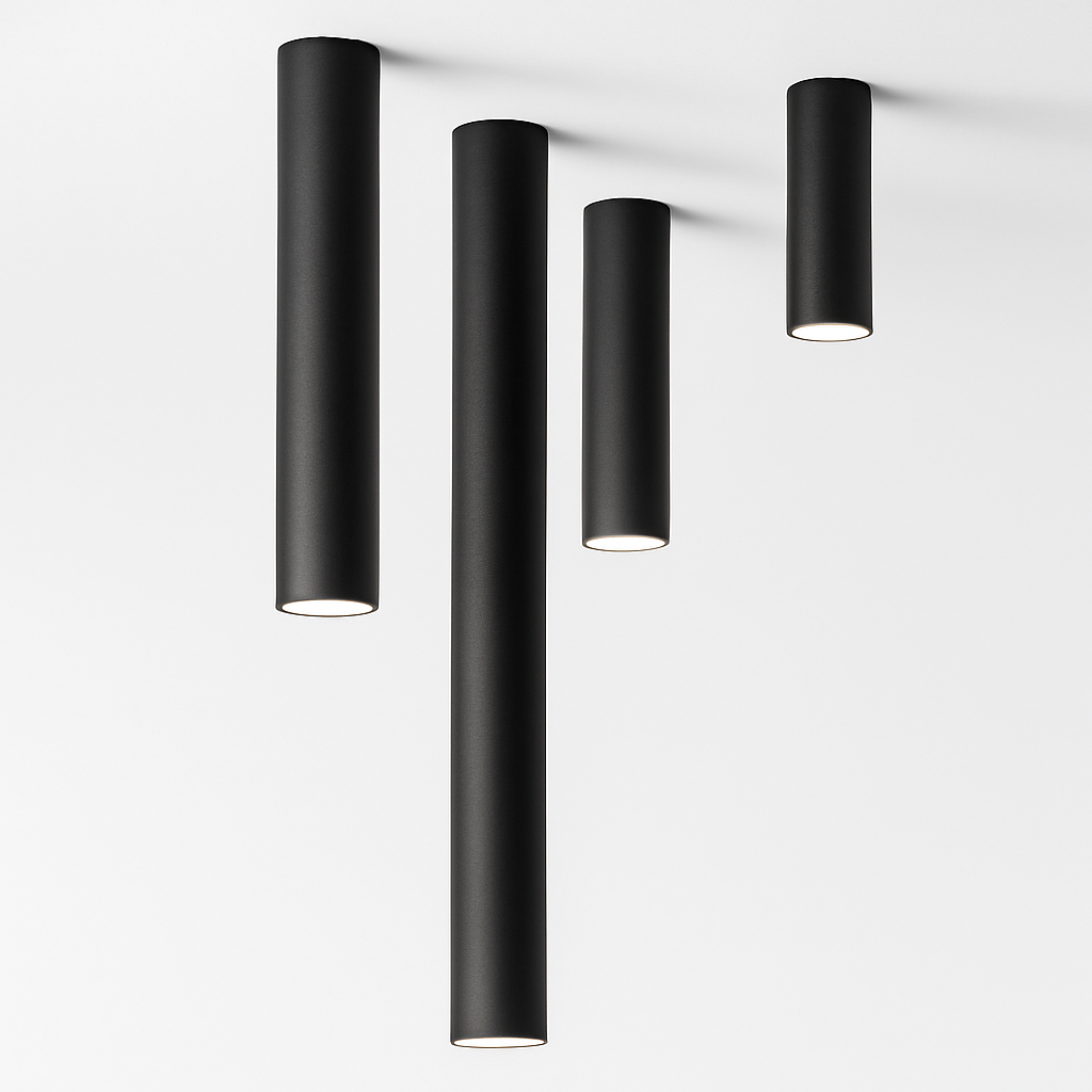 Spot LED tube en saillie IP44 – faisceau 24°, anti-éblouissement — allumé en situation